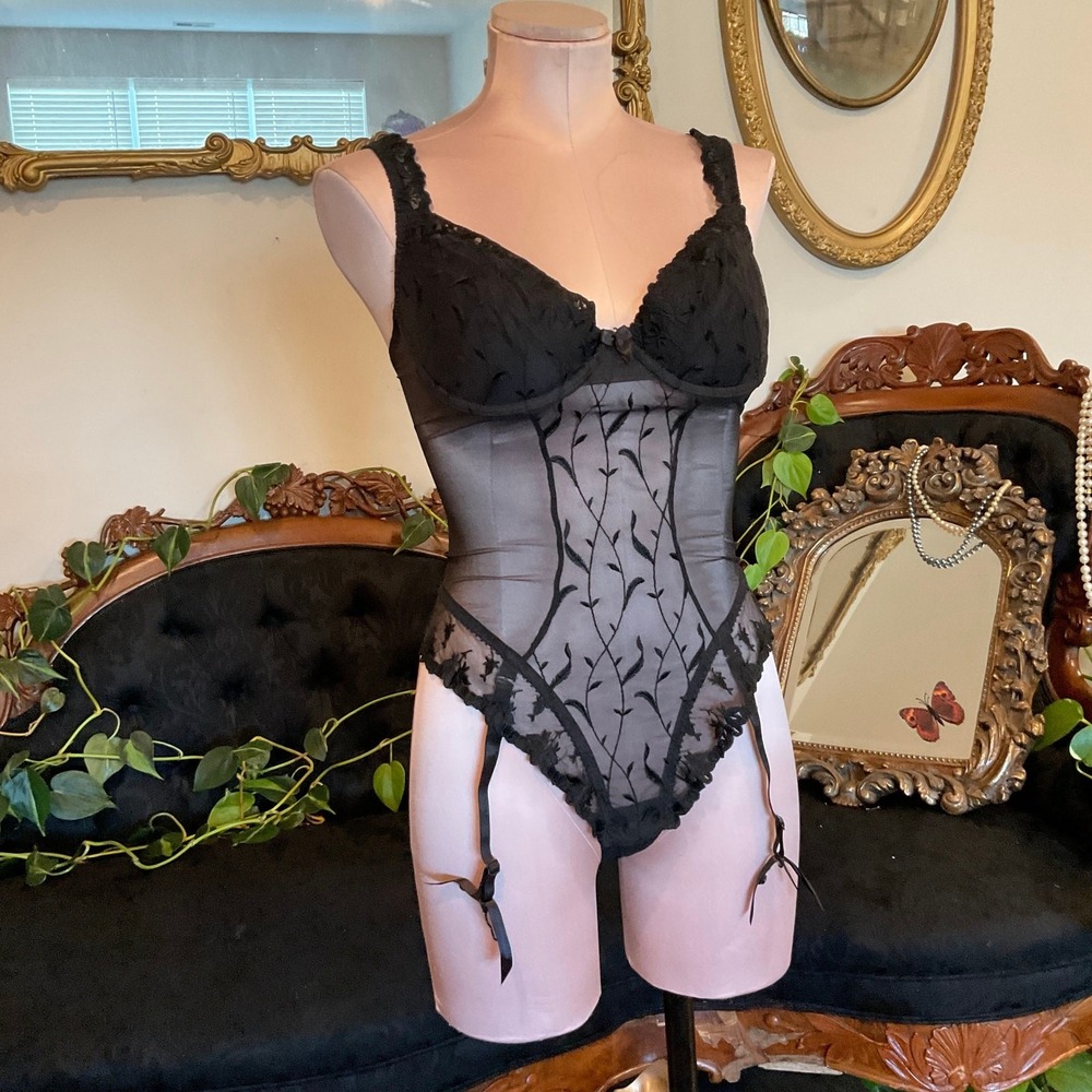 vintage Victoria's Secret Mesh Lace Vine Embroidery Bodysuit w/ Garters Size 34C